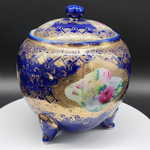 Antique Porcelain Biscuit Jar Hand-Painted Cobalt Blue & Gold Porcelain Lidded - Picture 2 of 13